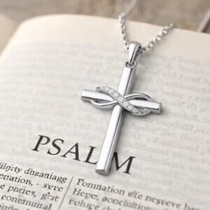 925 Sterling Silver Necklace w/ CZ Infinity Cross Valentine's Anniversary Gift
